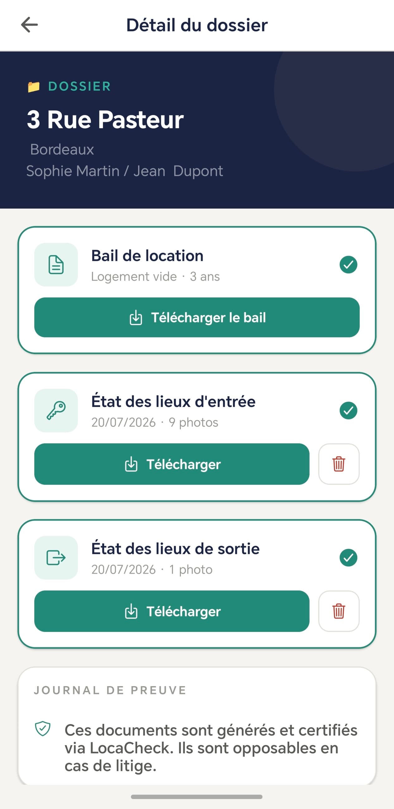 Dossier LocaCheck : bail, état des lieux d'entrée et de sortie