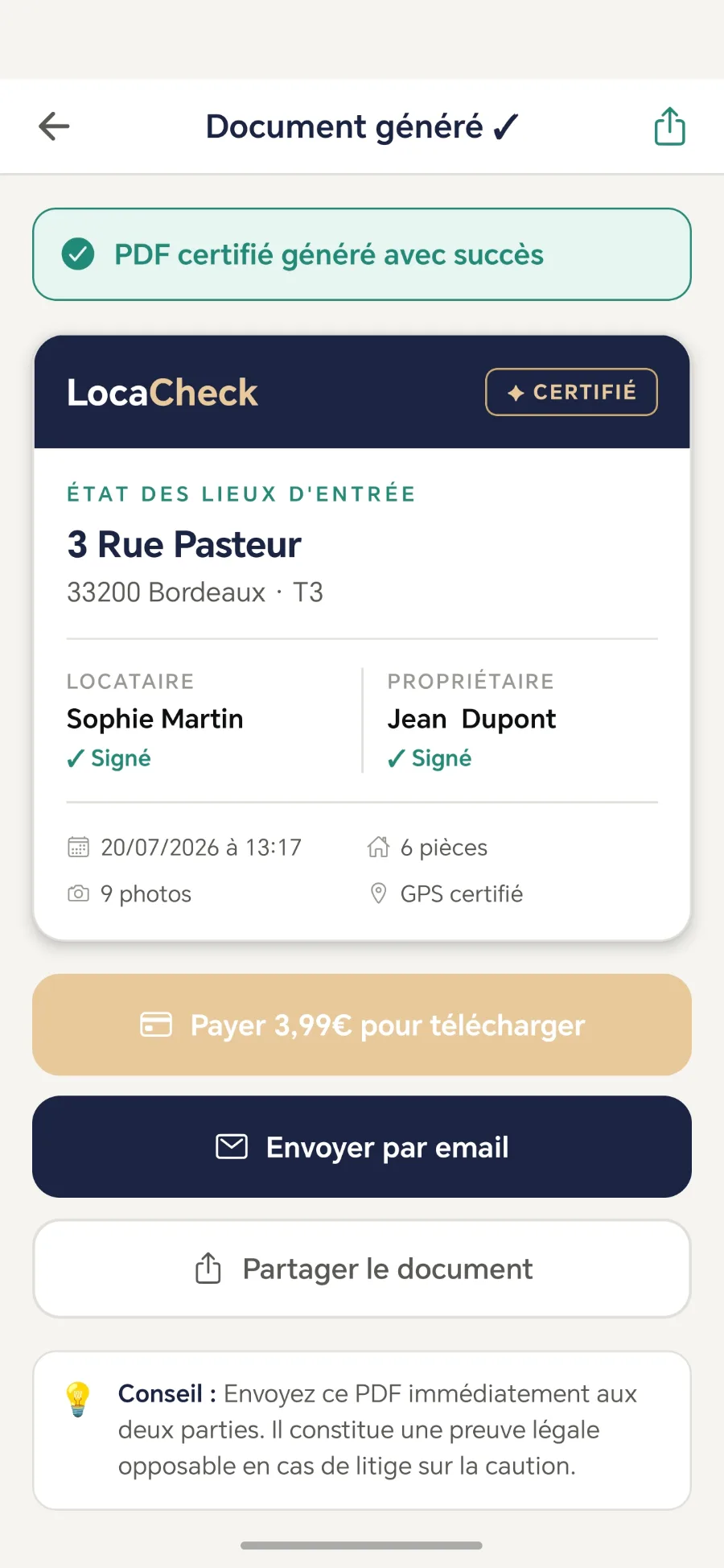 PDF certifié généré, signé par le locataire et le propriétaire