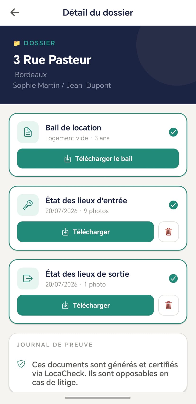 Dashboard LocaCheck — dossiers avec bail et états des lieux